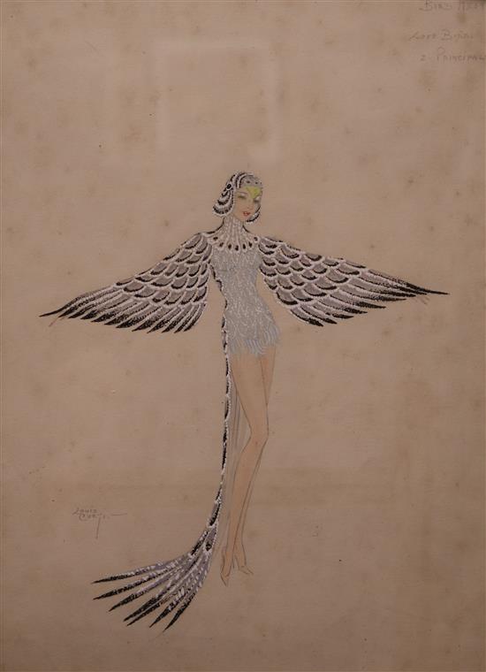 Louis Curtis, pair of gouache, bird costumes, London Palladium 1934, signed, 35 x 25cm